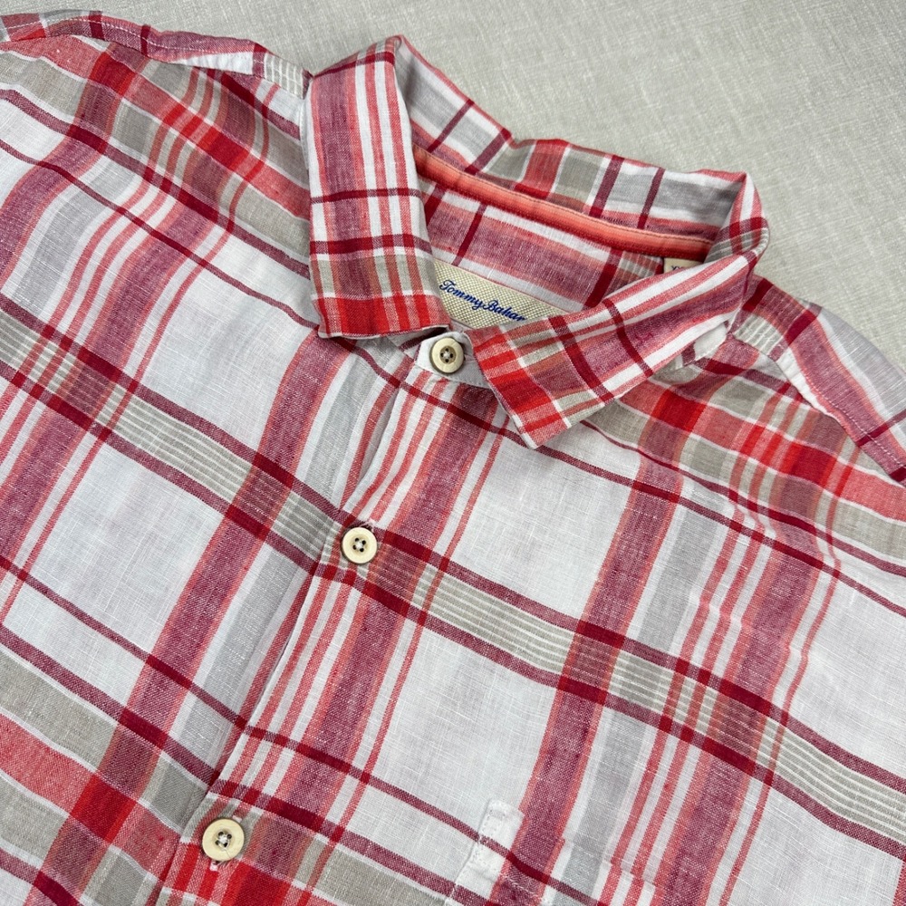 Tommy Bahama Button-Up 100% Linen Shirt Mens XXL Red Plaid Short Sleeve Pocket
